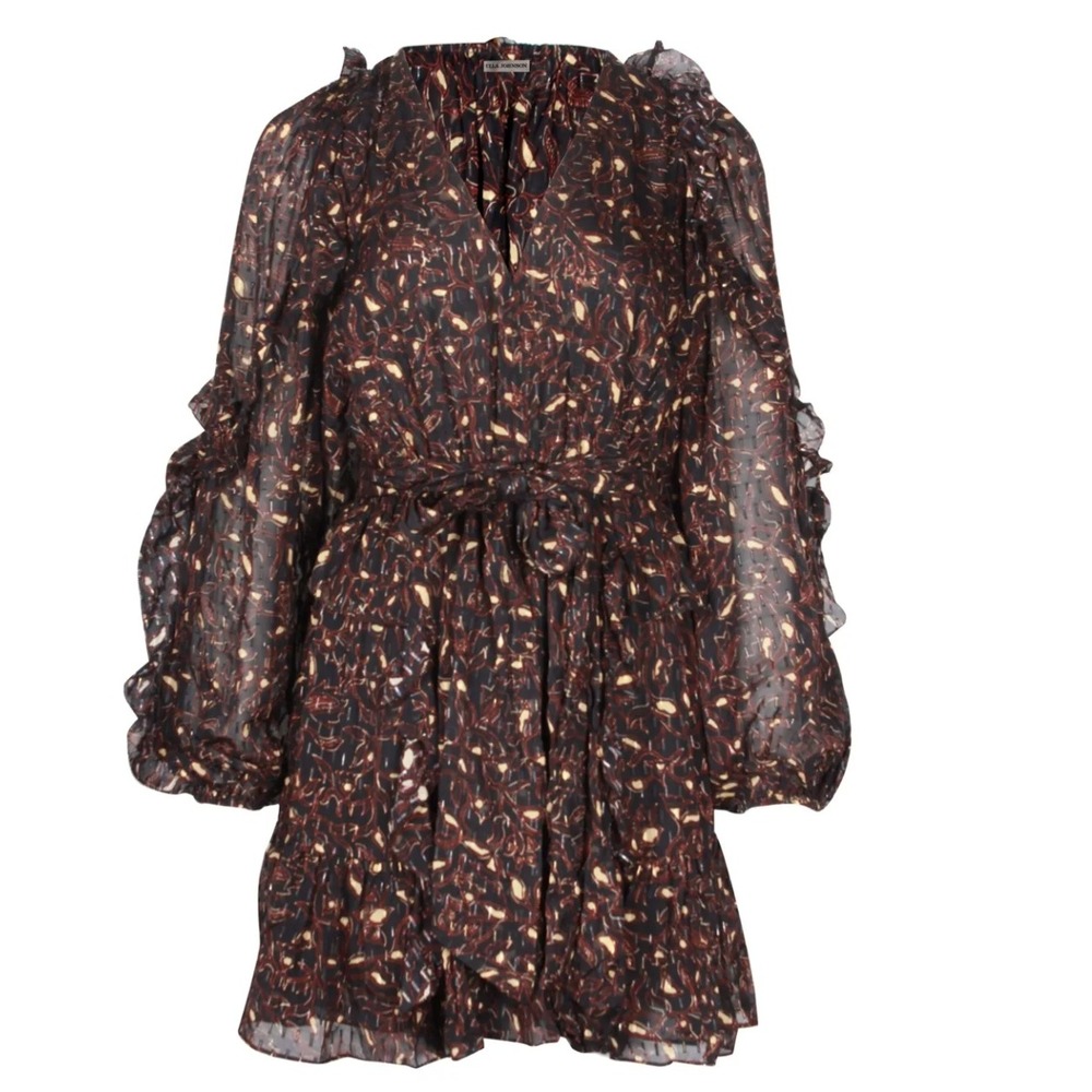 Ulla Johnson Maita Black Ruffle Mini Dress Size 8 floral silk blend